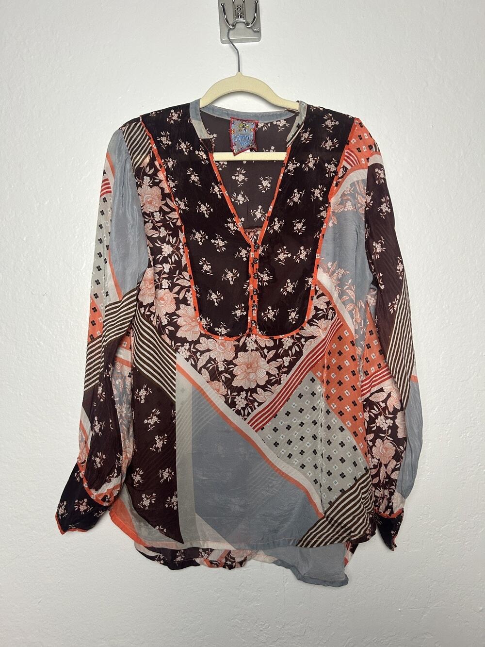 Johnny Was Boho Patchwork Rosalyn Toni Blouse Long Sleeve Multicolor Size M